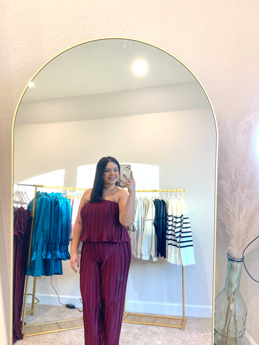 Strapless Pleated Jumpsuit- Wine