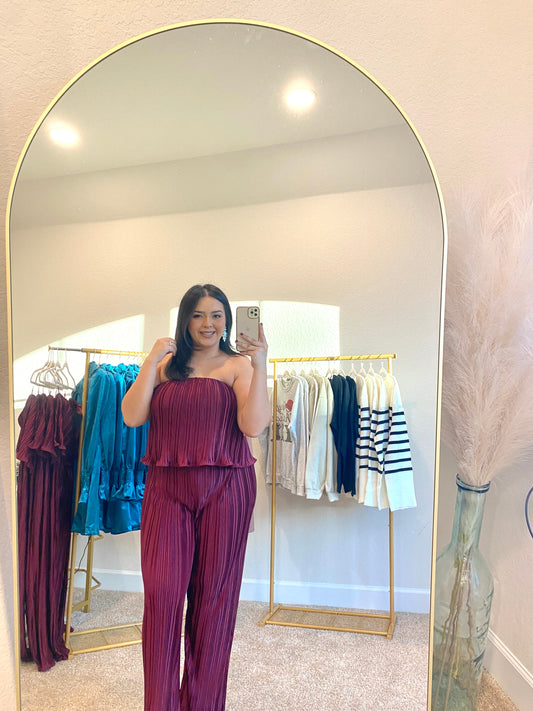 Strapless Pleated Jumpsuit- Wine