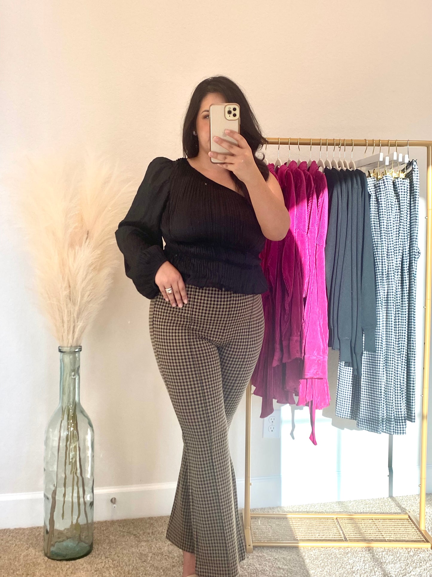 Houndstooth Flared Pants-Black