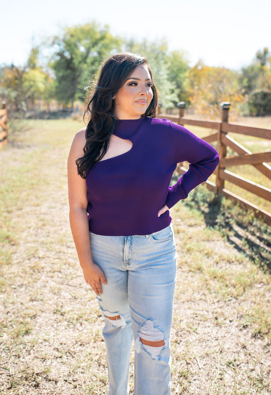 Cold Shoulder Ribbed Sweater - Purple