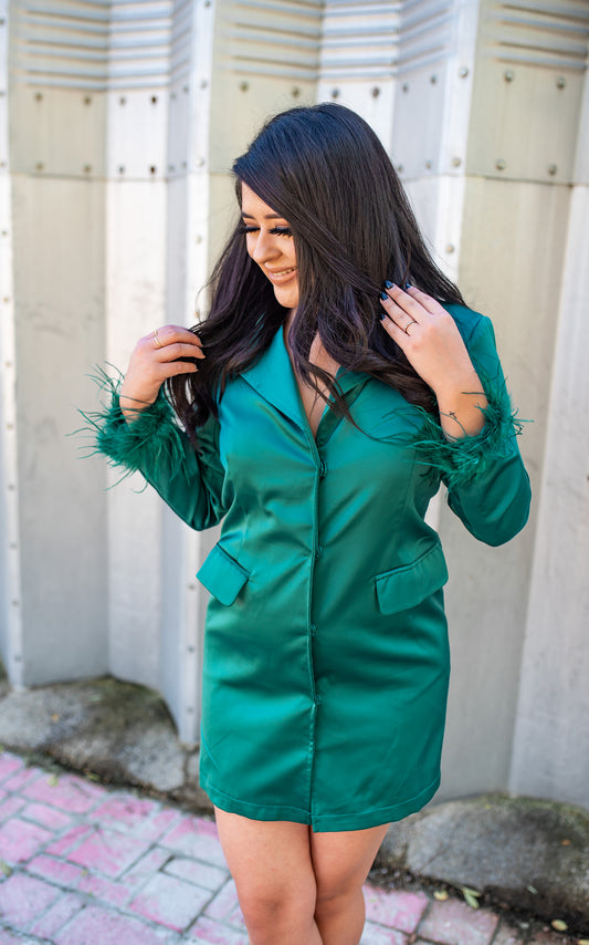 Jade Feathered Detail Button Up Blazer Dress