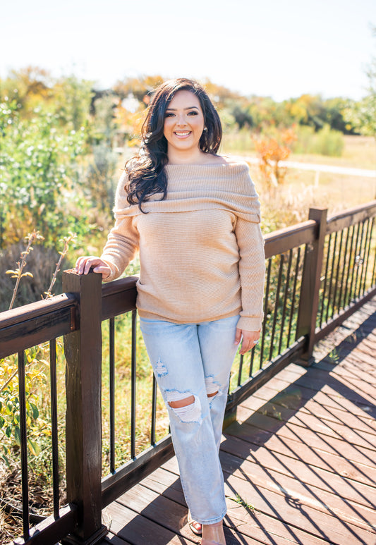 Off The Shoulder Knit Sweater in Latte