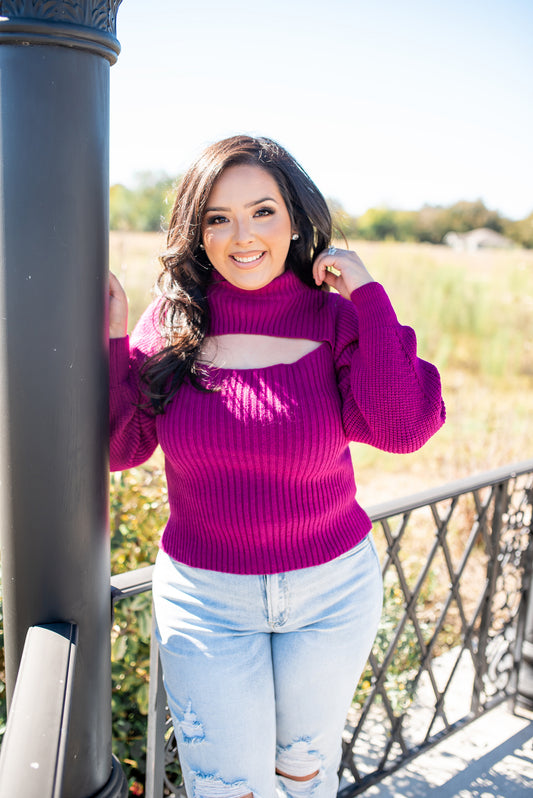 Cut Out Turtleneck Sweater - Magenta