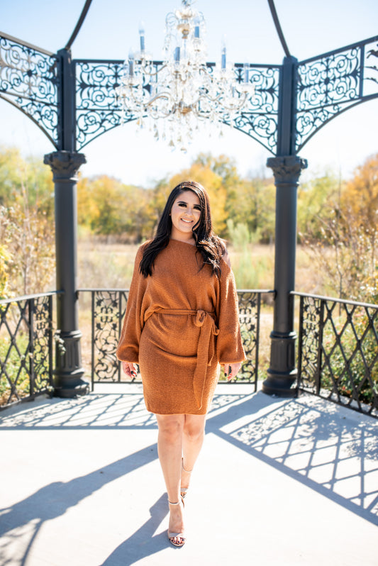 Belted Sweater Dress- Brown