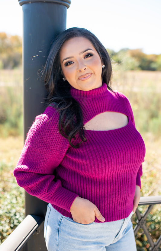 Cut Out Turtleneck Sweater - Magenta